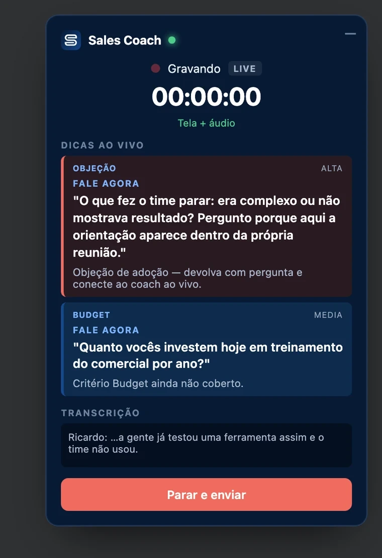 Painel da extensão durante a reunião com a orientação Fale agora