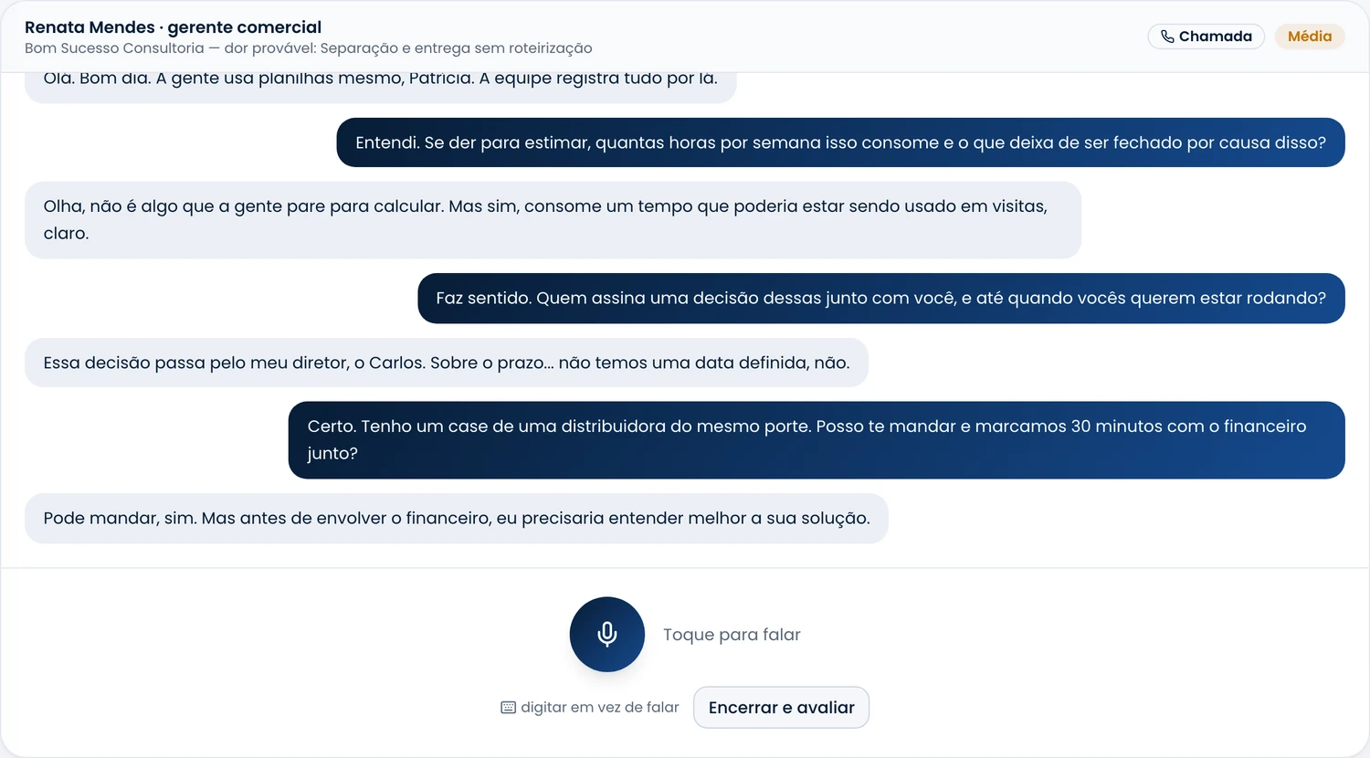 Sessão de treino por chamada de voz com o lead simulado